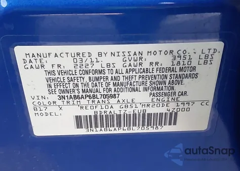 2011 Nissan Sentra 2.0Sr from USA, damaged, VIN 3N1AB6AP6BL705987